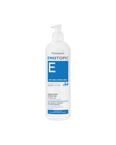 Pharmaceris EMOTOPIC gel za tuširanje - Gel sadrži vitamin E koji regenerira epidermis, koji osigurava pravilno podmazivanje i prehranu epidermisa, obnavlja prirodnu hidrolipidnu barijeru kože. Proizvod je u bijelo plavoj bočici s pumpicom na bijeloj poza