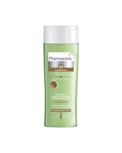 Pharmaceris H SEBOPURIN šampon za seboreično vlasište i masnu - kosu Šampon normalizira prekomjernu masnoću vlasišta, ostavljajući kosu duže čistom i laganom. Zeleno bijela bočica proizvoda na bijeloj pozadini.