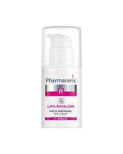 Pharmaceris R LIPO ROSALGIN dnevna krema SPF 15 - Krema se preporučuje za svakodnevnu njegu suhe, normalne i osjetljive kože. Proizvod je u bijelo rozoj bočici s pumpicom na bijeloj pozadini.