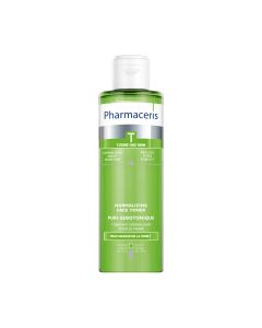 Pharmaceris T PURI-SEBOTONIQUE tonik za lice - Zahvaljujući svojim antibakterijskim svojstvima, tonik učinkovito uklanja nečistoće i ostatke šminke. Proizvod je u zeleno bijeloj boci na bijeloj pozadini.
