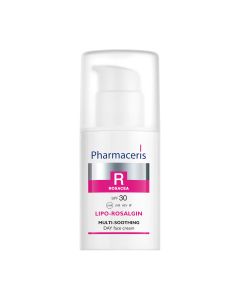 Pharmaceris R LIPO ROSALGIN dnevna krema SPF 15 - Krema se preporučuje za svakodnevnu njegu suhe, normalne i osjetljive kože. Proizvod je u bijelo rozoj bočici s pumpicom na bijeloj pozadini.