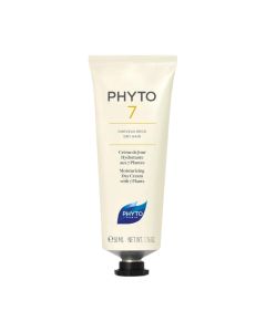 Phyto 7 hidratantna dnevna krema za kosu 50 ml - legendarna hidratantna dnevna krema sa 7 biljaka za suhu kosu čiji nastanak seže više od četrdeset godina. Žuto plava tuba proizvoda na bijeloj pozadini.