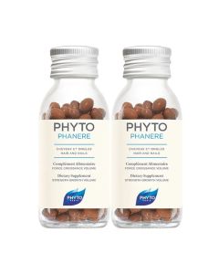 Phyto Phytocyane 120 + 120 kapsula - nadomjestak su prehrani koje sadrže vitamine, koji potiču rast i snagu kose sa samo 2 kapsule dnevno. Srebrno bež plave bočice na bijeloj pozadini.
