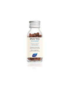 Phyto Phytophanere kapsule 120 komada- nadomjestak su prehrani koje sadrže vitamine, koji potiču rast i snagu kose sa samo 2 kapsule dnevno. Srebrno bež plava bočica na bijeloj pozadini.