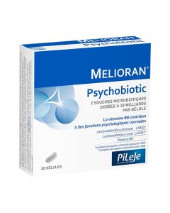 Pileje Melioran Psychobiotic 30 kapsula - Dodatak prehrani koji se temelji na 2 soja probiotika i vitaminu B6 koji doprinosi normalnim psihičkim funkcijama.
