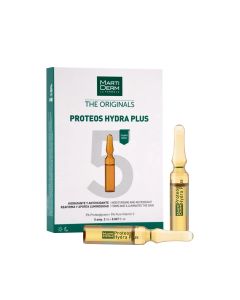 MartiDerm Proteos Hydra Plus ampule 5 kom (za suhu kožu) - hidratantna i učvršćujuća formula s proteoglikanima i vitaminom C koja intenzivno hidratizira, čini kožu sjajnom. Bijelo zelena kutija ampula i žuto zelena ampula sa strane kutije na bijeloj pozad