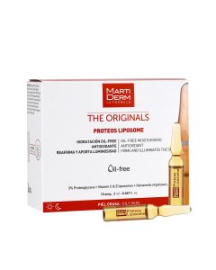 MartiDerm The Originals Proteos Liposome ampule 10 komada x 2 ml - hidratantne ampule za svakodnevnu primjenu ostavljaju kožu blistavom. Bijelo narančasta kutija i narančaste ampule proizvoda na bijeloj pozadini.