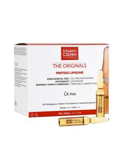 MartiDerm The Originals Proteos Liposome ampule 30 komada x 2 ml - hidratantne ampule za svakodnevnu primjenu ostavljaju kožu blistavom. Bijelo narančasta kutija i narančaste ampule proizvoda na bijeloj pozadini.