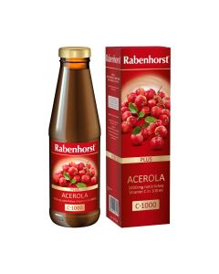 Rabenhorst Acerola C-1000 - Sadrži Vitamin C iz trešnje acerole. Proizvod je u smeđoj boci, a pokraj njega je crvena kutija proizvoda na bijeloj pozadini.