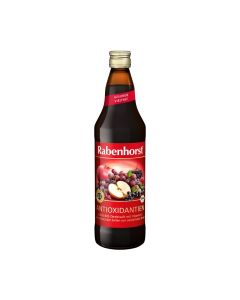 Rabenhorst sok Antitox Spravljen od 9 pomno odabranih vsta voća. Proizvod je u smeđoj staklenoj boci na bijeloj pozadini.