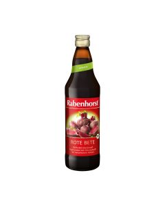 Rabenhorst sok od cikle sadrži kalij. Proizvod je u smeđoj staklenoj boci na bijeloj pozadini.