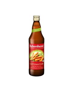 Rabenhorst sok od mrkve - Dnevna konzumacija od 100 ml pokriva referentnu količinu Vitamina A 150 %. Proizvod u smeđoj staklenoj boci na bijeloj pozadini.