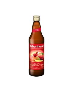 Rabenhorst sok za imunitet - Dnevna konzumacija od 150 ml pokriva referentnu količinu vitamina C 300 %, i cinka 23 %. Proizvod u smeđoj staklenoj boci na bijeloj pozadini.