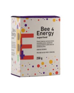 Radovan Petrović BEE 4 ENERGY SUPERFOOD - Bee 4 energy Radovan Petrović je superfood za dizanje energije i poboljšanje imuniteta kod odraslih sa sinergijskim djelovanjem hranjivih elemenata iz meda. Proizvod je u šarenoj kutiji na bijeloj pozadini.
