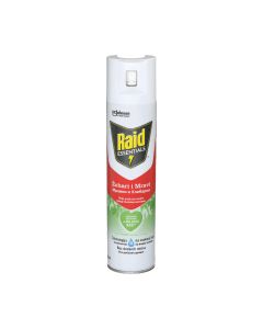 Raid Sprej protiv gmižućih insekata 400 ml - sadrži aktivni sastojak na biljnoj bazi, te uz to koristi tehnologiju na vodenoj bazi te je siguran za korištenje u blizini djece i kućnih ljubimaca. Bijelo zeleno crveno žuta boca sa špricom na bijeloj pozadin