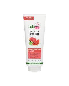 Sebamed Sensitive skin gel za tuširanje lubenica i menta 250ml - S ugodnim mirisom lubenice i metvice. Nježno čišćenje bez sapuna. Podržava ravnotežu vlažnosti kože. Proizvod je u crveno bijeloj tubi na bijeloj pozadini.