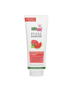 Sebamed Sensitive skin gel za tuširanje lubenica i menta 250ml - S ugodnim mirisom lubenice i metvice. Nježno čišćenje bez sapuna. Podržava ravnotežu vlažnosti kože. Proizvod je u crveno bijeloj tubi na bijeloj pozadini.