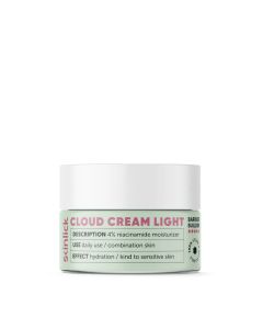 Skinlick Cloud Cream Light Hidratantna gel-krema za lice 50 ml - gel krema lagana poput oblaka i formulirana bez ulja. Brzo upijajuće je teksture za osnovnu svakodnevnu njegu kombinirane i masne kože. Bijelo zeleno roza posudica na bijeloj pozadini.