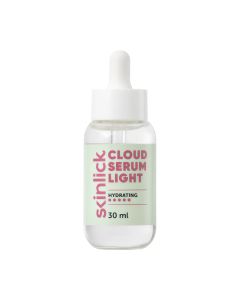 Skinlick Cloud Serum Light 30 ml - hidratantni serum za normalnu do masnu kožu sklonu začepljenim porama i nepravilnostima. Lagane je vodenaste teksture te pogodan za svakodnevnu njegu. Staklena bijelo zeleno roza bočica s pipetom na bijeloj pozadini.