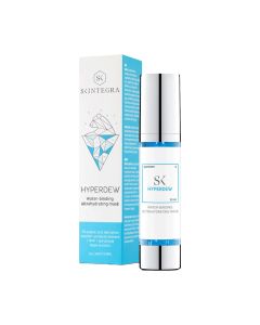 Skintegra HYPERDEW 50 ml - napredna hidratacijska, neispiruća maska s učinkom ujednačavanja kože za sve tipove kože. Bijelo plava kutija i bočica proizvoda na bijeloj pozadini.
