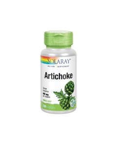 Solaray Artichoke - Artičoka (Cynara scolymus) je biljka iz porodice glavočika (Asteraceae), cijenjena zbog svojih mesnatih listova i cvjetne glavice. Proizvod je u srebrno zelenoj bočici na bijeloj pozadini.