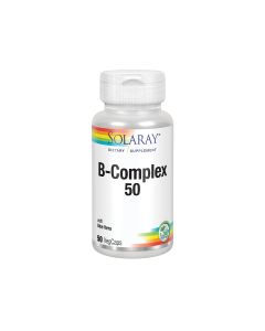 Solaray B-Complex 50 - sadrži sve vitamine B skupine uz dodatak aloe vera gela u jednoj vegetarijanskoj kapsuli. Proizvod se nalazi u srebrno bijeloj bočici na bijeloj pozadini.