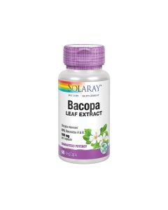 Solaray Bacopa Extract - je biljka iz porodice Scrophulariacea, poznatija pod nazivom „fontana mladosti“. Proizvod je u ljubičasto srebrnoj bočici na bijeloj pozadini.