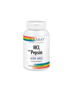 Solaray Betaine HCl + Pepsin - u preporučenoj dnevnoj dozi od jedne kapsule sadrži 650 mg betaina HCl uz 162 mg pepsina životinjskog porijekla. Proizvod je u bijeloj bočici na bijeloj pozadini.