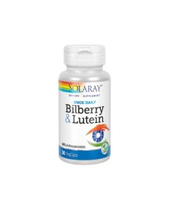 Solaray Bilberry + Lutein Extract. Pomaže kod očuvanja vida očiju. Proizvod je u bijeloj bočici na bijeloj pozadini.
