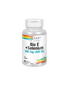 Solaray Bio E® + Selenium - je poseban proizvod kombinacije vitamina E i selena. Proizvod je u srebrnoj bijeloj bočici na bijeloj pozadini.