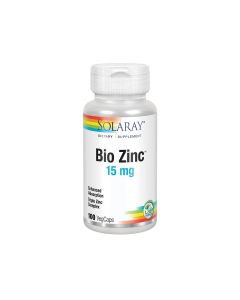 Solaray Bio Zinc™ - je napredna formula visoke bioraspoloživosti zbog cinka u obliku cinkovog pikolinata, te vitamina B6 koji pojačava njegovu apsorpciju. Proizvod je u srebrno bijeloj bočici na bijeloj pozadini.