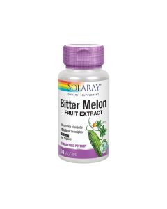 Solaray Bitter Melon Fruit Extract - u preporučenoj dnevnoj dozi od jedne vegetarijanske kapsule sadrži 500 mg ekstrakta ploda Gorke dinje. Proizvod je u srebrno ljubičastoj bočici na bijeloj pozadini.