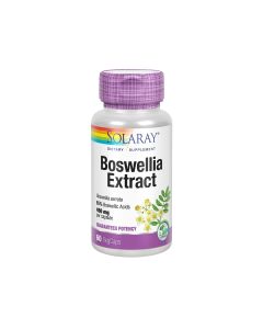 Solaray Boswellia Extract - je listopadno stablo s ovalnim listovima iz porodica Burseraceae, a skuplja se tokom cijele godine. Proizvod je u srebrno ljubičastoj bočici na bijeloj pozadini.