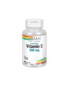 Solaray C 800 Buffered - je vitamin koji sadrži kalcijev askorbat te u ovoj formuli osigurava 800 mg blagog, beskiselinskog vitamina C po jednoj kapsuli. Proizvod u srebrno bijeloj bočici na bijeloj pozadini.