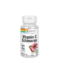 Solaray C + Echinacea - je mješavina vitamina C (askorbinska kiselina), korijen rudbekije (Echinacea purpurea, Echinacea angustifolia), i potporne baze vitamina C. Proizvod je u srebrno bijeloj bočici na bijeloj pozadini.