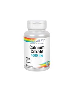 Solaray Calcium Citrate -  je vezan s prirodom citratnom kiselinom, te je formuliran za pojačanu apsorpciju i iskoristivost u tijelu. Proizvod je u srebrno bijeloj bočici na bijeloj pozadini.