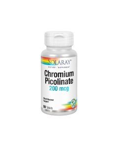 Solaray Chromium Picolinate - dolazi u obliku trovalentnog kroma. Jedna tableta sadrži 200 μg kromovog pikolinata. Proizvod je u srebrno bijeloj bočici na bijeloj pozadini.