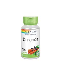 Solaray Cinnamon - u preporučenoj dnevnoj dozi od 2 veganske kapsule sadrži 1000 mg kore cimeta. Proizvod je u zeleno srebrnoj bočici na bijeloj pozadini.