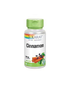 Solaray Cinnamon - u preporučenoj dnevnoj dozi od 2 veganske kapsule sadrži 1000 mg kore cimeta. Proizvod je u zeleno srebrnoj bočici na bijeloj pozadini.