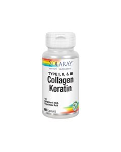 Solaray Collagen Keratin - sadrži tri tipa kolagena - tip I koji prevladava u kostima, hrskavicama i dermisima. Proizvod se nalazi u srebrno bijeloj bočici na bijeloj pozadini.
