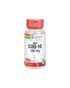 Solaray CoQ-10 Bio 100mg - posebna je mješavina vitamina A, vitamina E i koenzima Q-10. Proizvod je u crveno srebrnoj bočici na bijeloj pozadini.