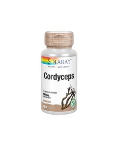 Solaray Cordyceps -  je prirodni sastojak gljive Cordyceps sinensis, izoliran nakon fermentacije. Proizvod je u smeđe srebrnoj bočici na bijeloj pozadini.