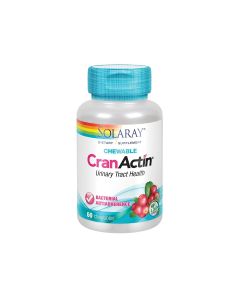 Solaray CranActin® Chewable - (pastile) je formula originalne brusnice CranActin® u obliku tableta za žvakanje s dodatkom vitamina C (60 mg). Proizvod se nalazi u svijetlo plavo srebrnoj bočici na bijeloj pozadini.
