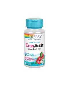 Solaray CranActin® Timed Release - formula dizajnirana za brzo i dugotrajno djelovanje koja u jednoj VEG kapsuli sadrži 700mg ekstrakta brusnice (Vaccinium macrocarpon) uz potporu vitamina C.  Proizvod je u svijetlo plavo srebrnoj bočici na bijeloj pozadi