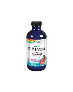 Solaray D-Mannose + CranActin® Liquid - je tekuća kombinacija D-manoze (šećer sličan glukozi koji ne podiže glikemijski indeks) i CranActina te kao takva tvori ultimativnu antiadhezivnu formulu. Proizvod je u ljubičasto bočici na bijeloj pozadini.