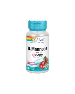 Solaray D-Mannose + CranActin® - je kombinacija D-manoze (šećer sličan glukozi koji ne podiže glikemijski indeks) i CranActina te kao takva tvori ultimativnu antiadhezivnu formulu. Proizvod je u svijetlo plavoj bočici na bijeloj pozadini.