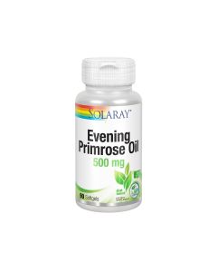 Solaray Evening Primrose Oil - je dobiveno iz sjemenki žutog noćurka i jedan je od najbogatijih izvora GLA (gamalinoleinske kiseline) i LA (linolne kiseline). Proizvod je u bijelo zelenoj bočici na bijeloj pozadini.