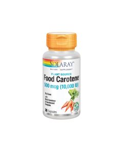 Solaray Food Carotene™ - je 100 % prirodni, napredni proizvod bogat prirodnim karotenom. Proizvod je u bijelo narančastoj bočici na bijeloj pozadini.