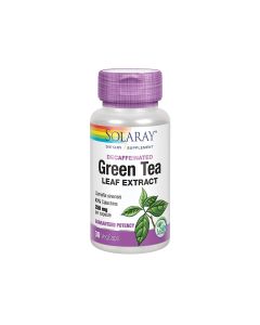 Solaray Green Tea Extract - ne sadrži kofein te osigurava 95% polifenola te 63 % katehina iz zelenog čaja (Camellia sinensis). Proizvod je u ljubičasto bijeloj bočici na bijeloj pozadini.