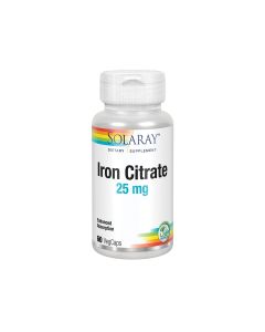 Solaray Iron Citrate - je posebno keliran oblik minerala željeza dobiven koristeći citratnu kiselinu. Proizvod je u bijeloj bočici na bijeloj pozadini.